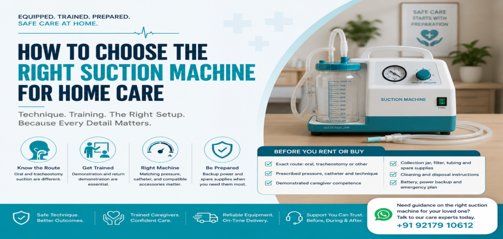 Need a suction machine for home use? Confirm oral or airway suction, pressure setting, catheter, cleaning, backup power, caregiver training.