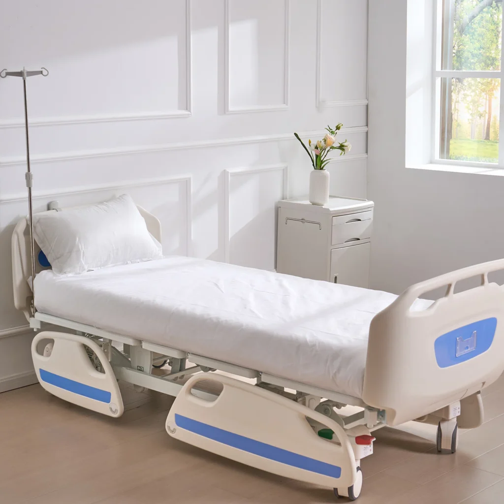 Sanjeevia luxury ICU hospital bed with white mattress in a home-care setting.