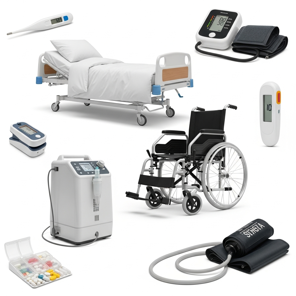 5 function Advanced Patient Care Bed, Full medical setup by Sanjeevia: Hospital bed, wheelchair, oxygen concentrator, and BP monitor. Complete home healthcare setup featuring a 5 Function Electric Hospital Bed and patient support equipment