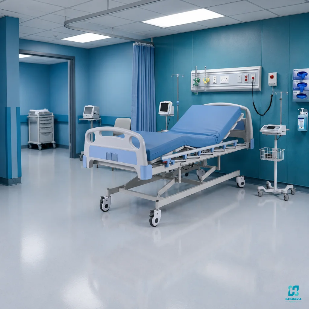 3 Function Bed for Home Care, ICU 3 function electric hospital bed with stainless steel side railings and multiple positioning adjustments for long-term patient care