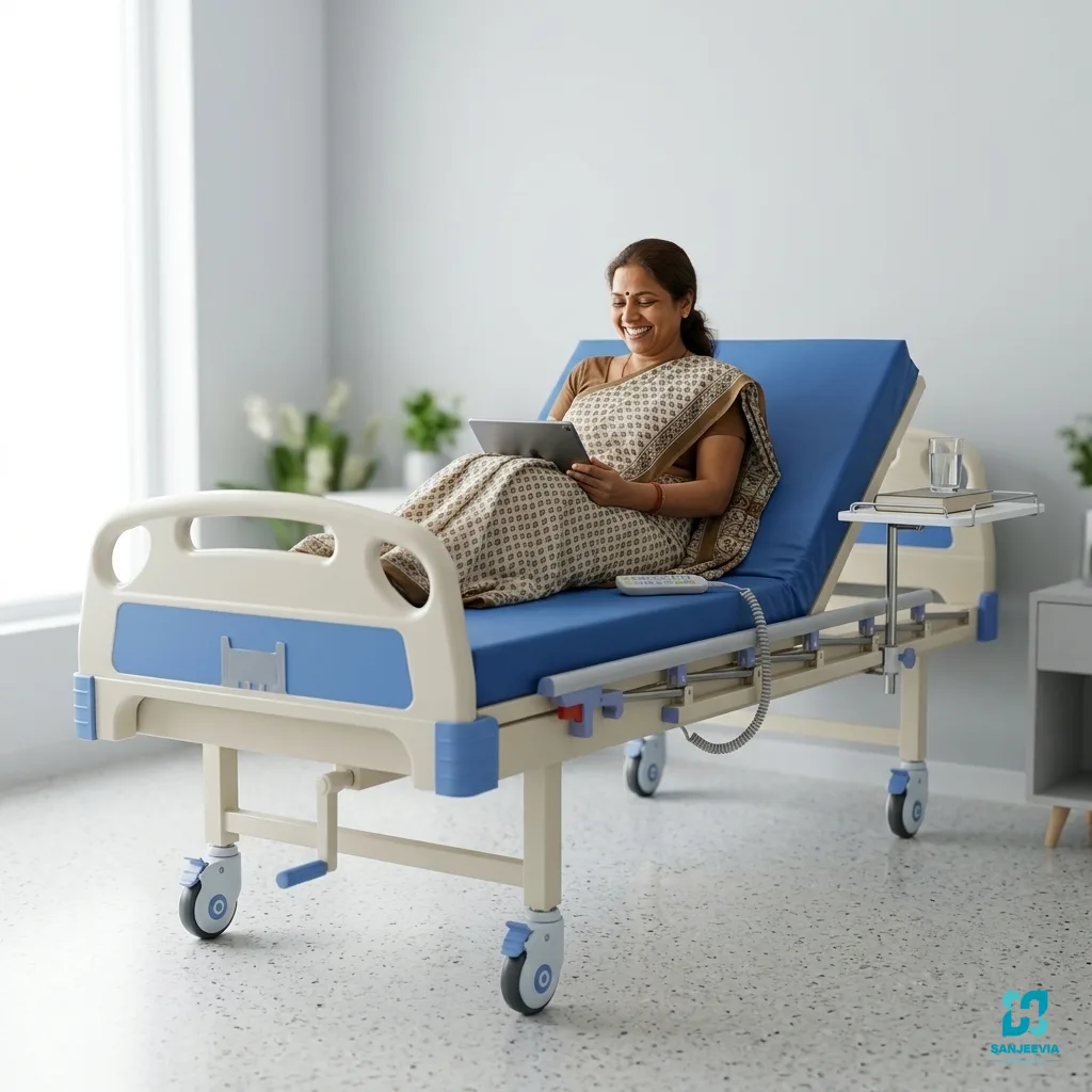 Electric Hospital Bed Rental, Patient using a 1 Function Electric Hospital Bed during recovery and long-term home healthcare