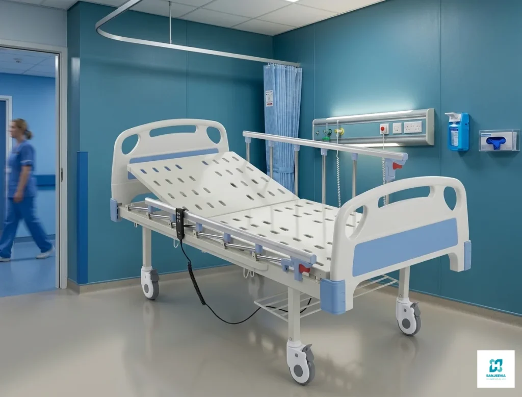 Hybrid electric hospital bed with safety rails for patient support and rehabilitation