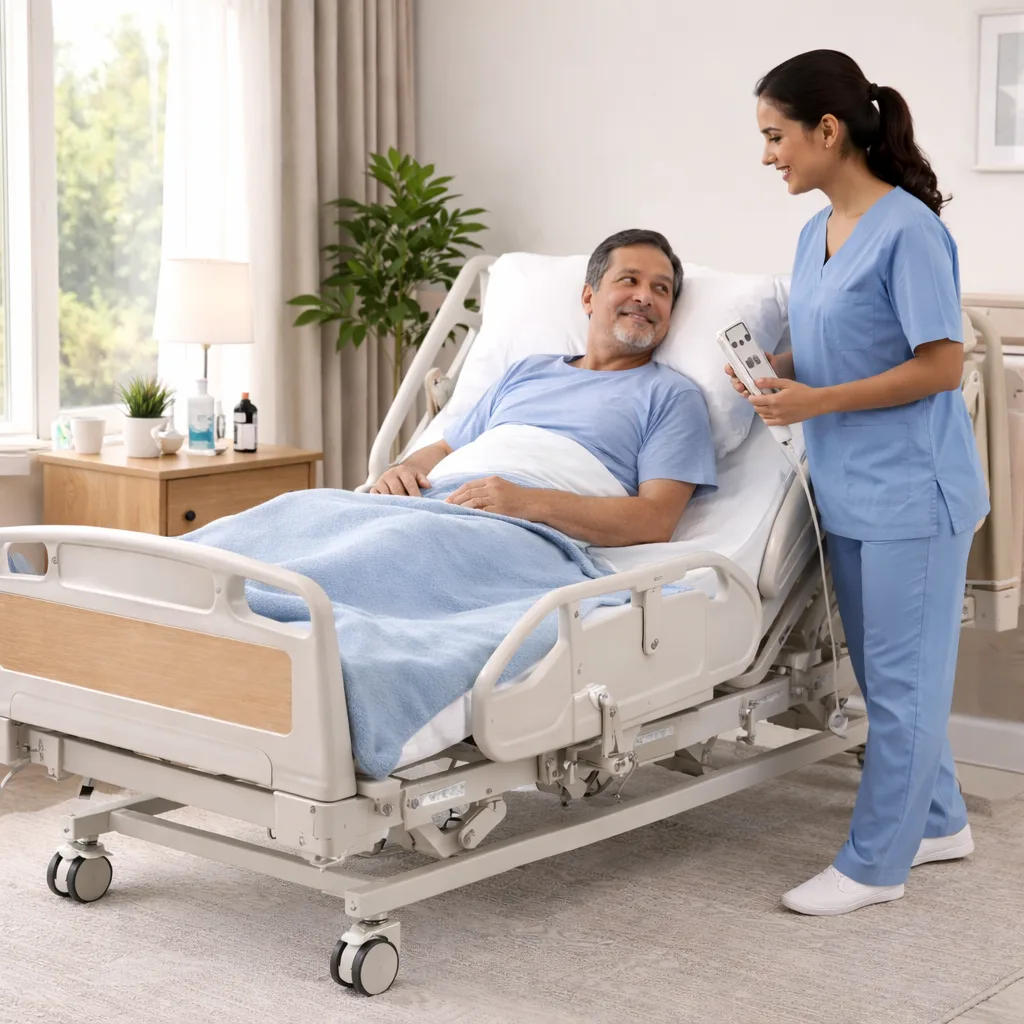 3 Function Electric Hospital Bed, Advanced electric hospital bed with side rails and motorized controls for patient safety and comfort