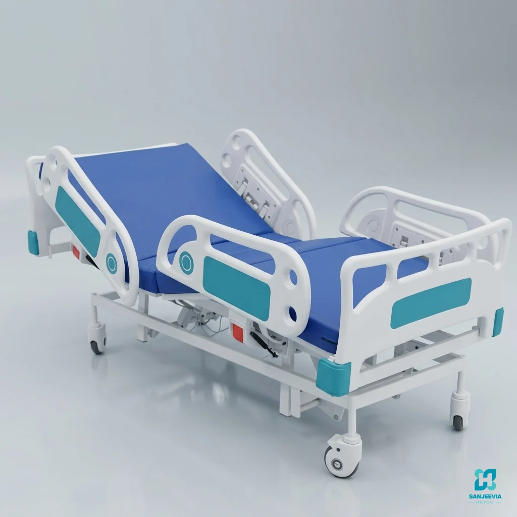 ICU discharge home care Delhi3 Function Electric Hospital Bed, Caregiver assisting a patient using a 3 Function Electric Hospital Bed during home recovery. Medical bed on rent in Delhi NCR Hospital bed on rent in Delhi NCR