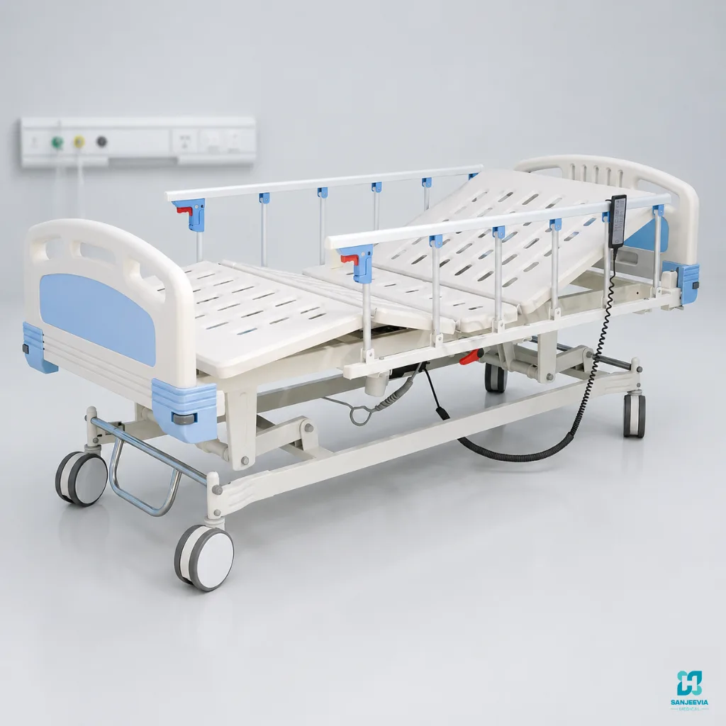 3 Function Electric Hospital Bed, Advanced electric hospital bed with side rails and motorized controls for patient safety and comfort