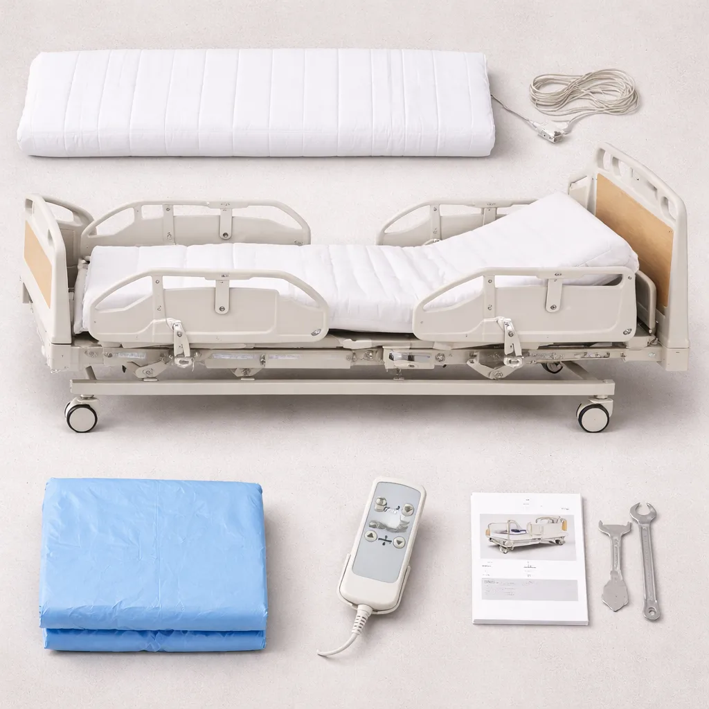 3 Function Electric Hospital Bed, 3 Function Electric Hospital Bed package including mattress, remote control, accessories, and setup components