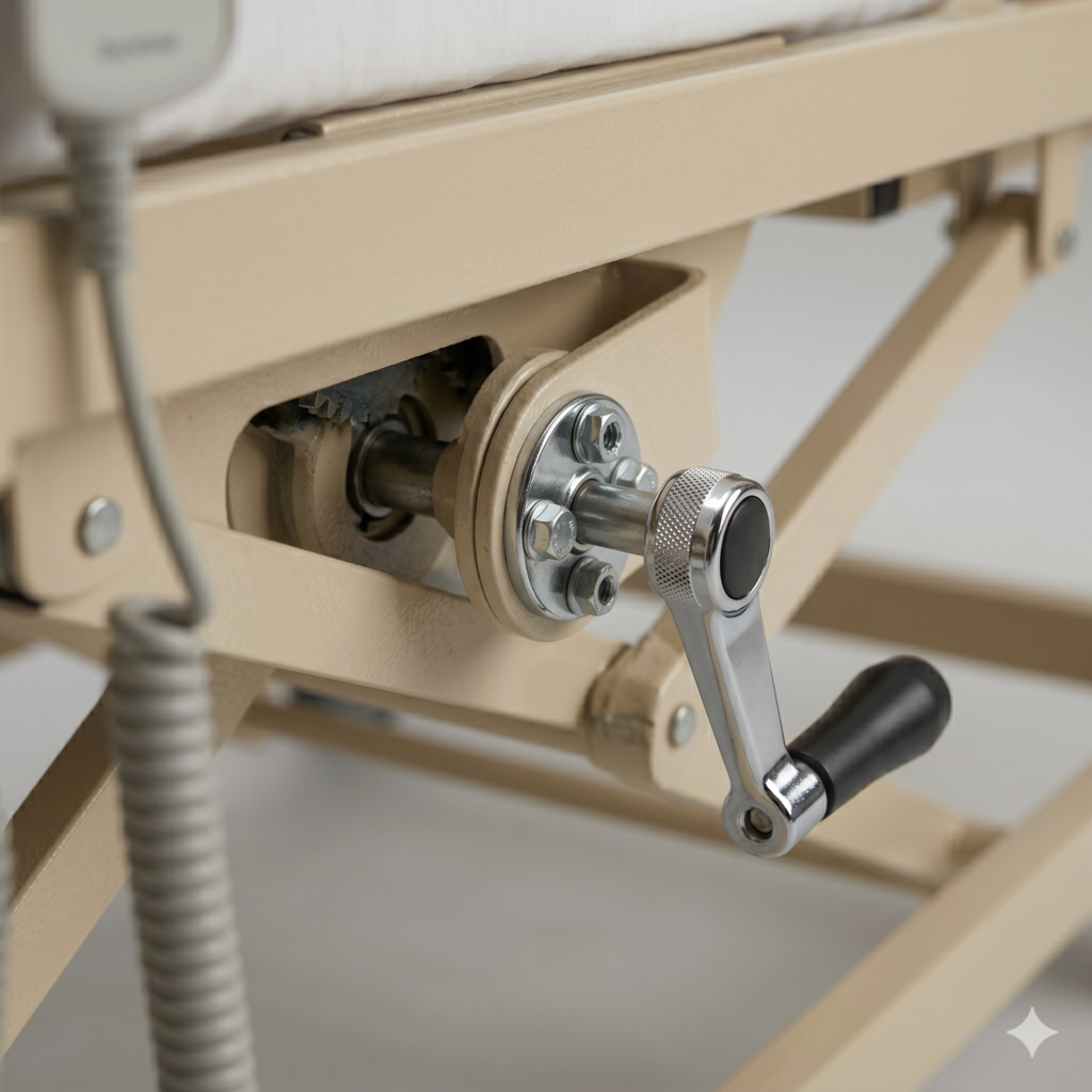 Close-up of a high-quality manual hand crank mechanism for a medical bed.