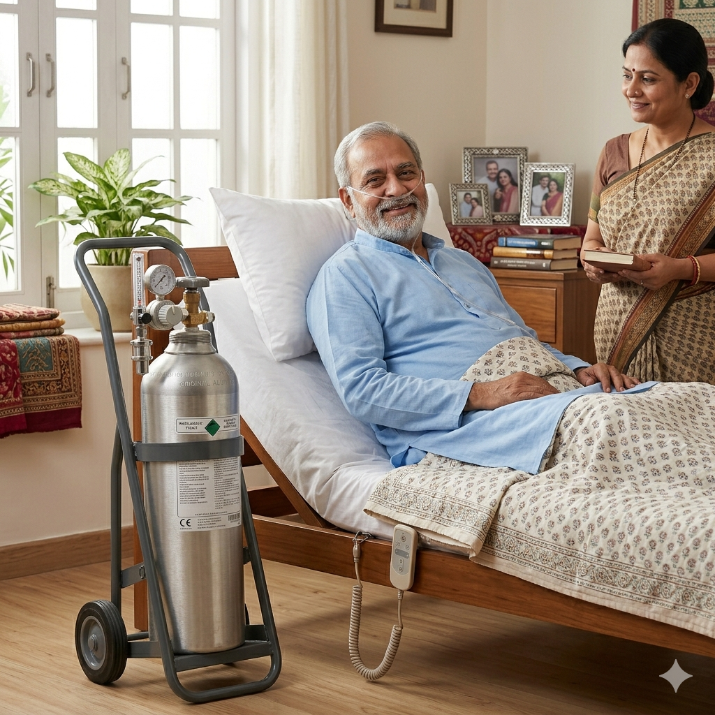 Portable oxygen cylinder on a trolley next to an elderly patient for home respiratory support by Sanjeevia.