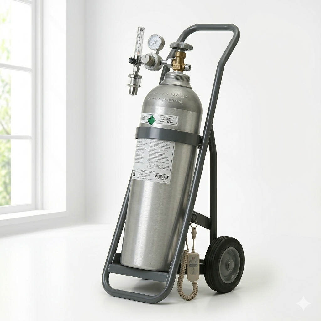 Buy Oxygen Cylinder 10L - Sanjeevia medical- Sanjeevia portable aluminum oxygen tank with heavy-duty transport trolley and humidifier bottle.