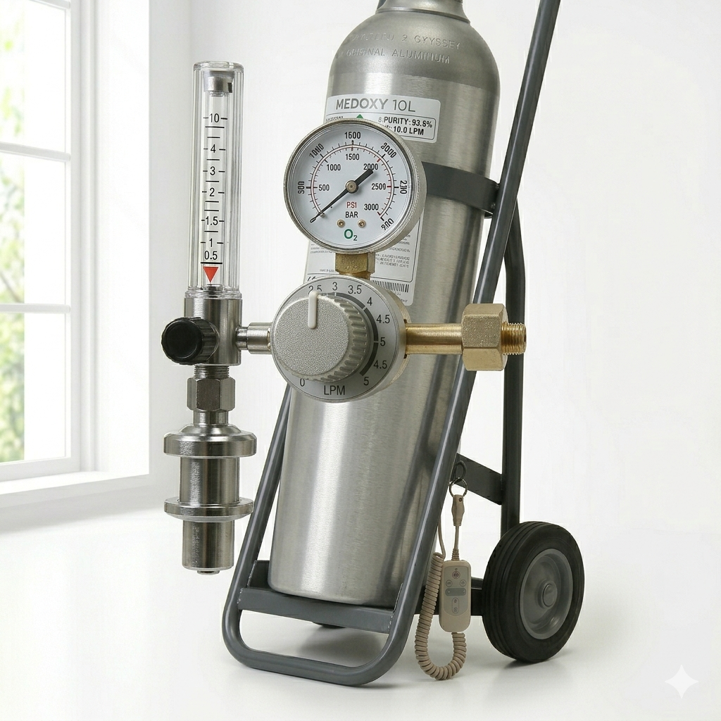 Close-up of Sanjeevia oxygen cylinder regulator and pressure gauge for precise flow control.