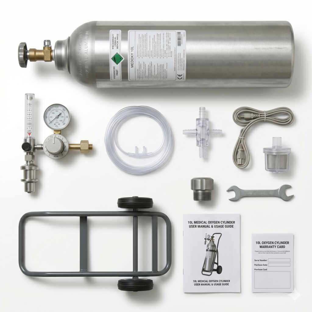 Sanjeevia medical oxygen cylinder kit with flowmeter, regulator, nasal cannula, and trolley.