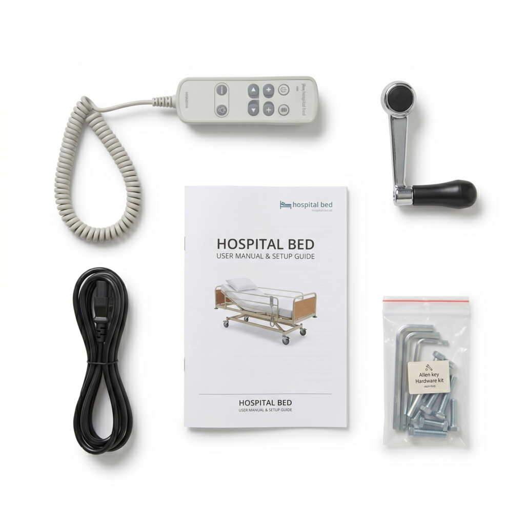 Hospital bed accessories kit including remote control, manual crank, and user manual.