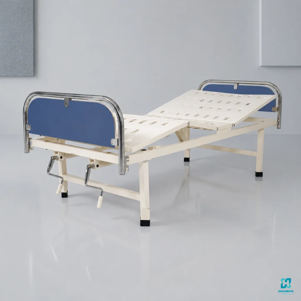 how to set up hospital bed at home in India hospital bed room setup India, hospital bed positioning guide, hospital bed rails safety India, hospital bed height adjustment home, patient transfer hospital bed India Patient resting comfortably on a Manual Full Fowler Bed for home recovery, elderly care, and long-term patient support How to Set Up a Hospital Bed at Home Safely: Step-by-Step Guide