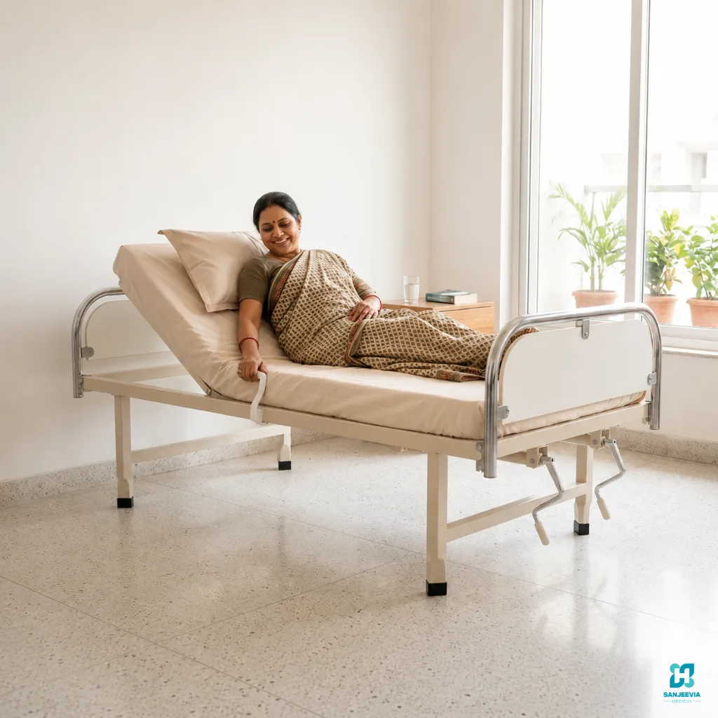 Manual Full Fowler hospital bed with adjustable sections for patient positioning, rehabilitation, and home care use