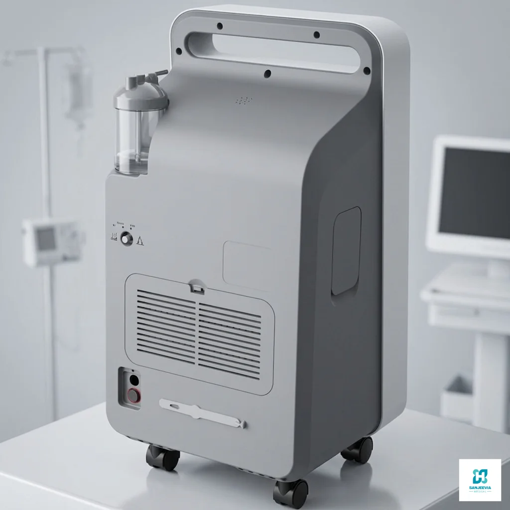 Rear view of a high-flow 10L oxygen concentrator with cooling system for continuous oxygen therapy