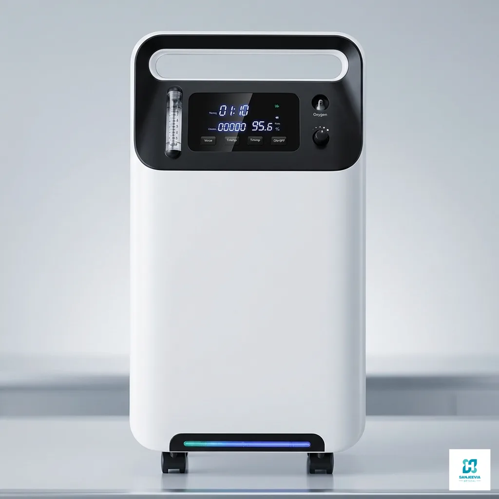 Front view of a high-flow 10L oxygen concentrator with digital control panel and oxygen flow settings