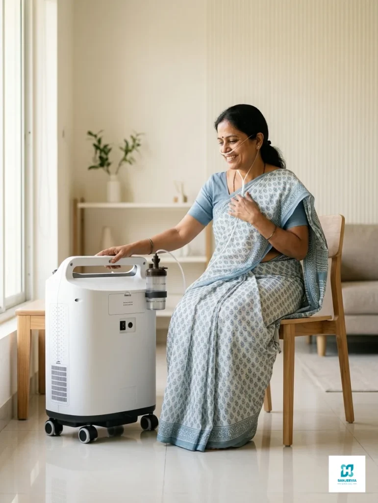 Patient using a home oxygen concentrator for respiratory care and daily oxygen support
