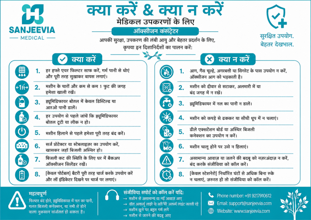 Hindi Oxygen concentrator safety instructions card with do's and don'ts
