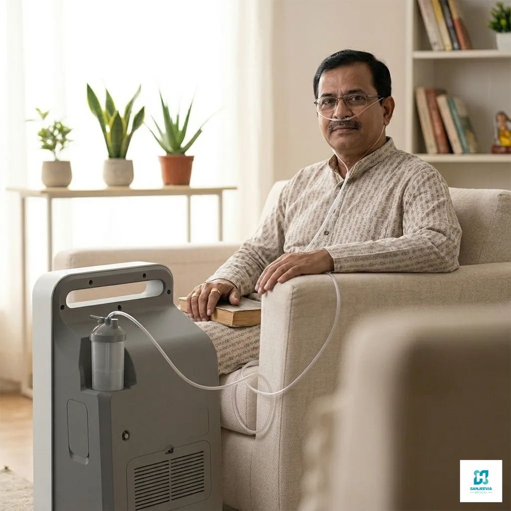 Patient using a high-flow 10L oxygen concentrator for long-term home oxygen therapy