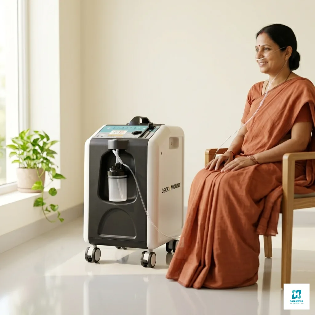 Senior patient receiving respiratory support with a high-flow oxygen concentrator at home