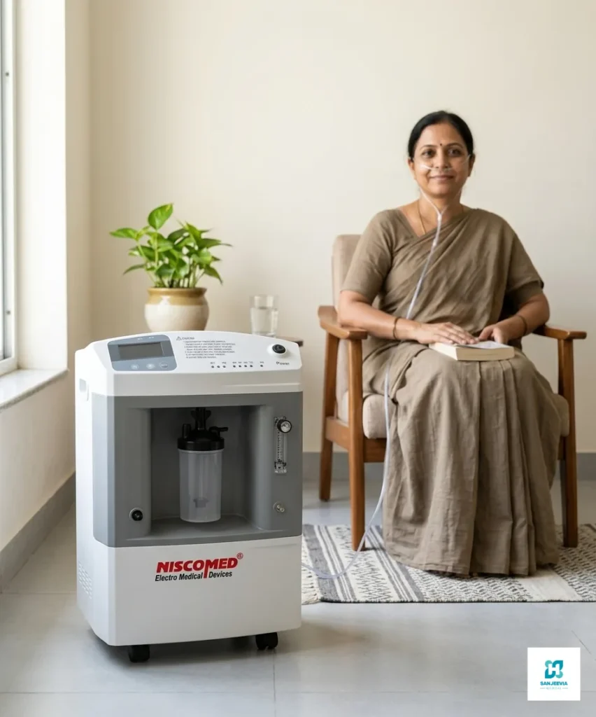 Senior patient using a high-flow 10L oxygen concentrator during home recovery