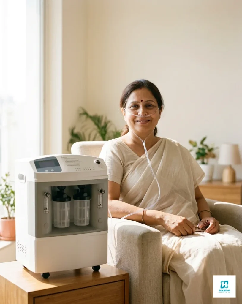 Patient receiving home oxygen therapy with a high-flow 10L oxygen concentrator