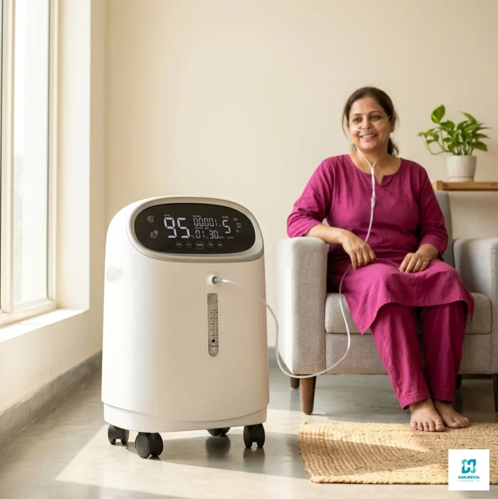 Senior patient using a 5L oxygen concentrator during home oxygen therapy and recovery