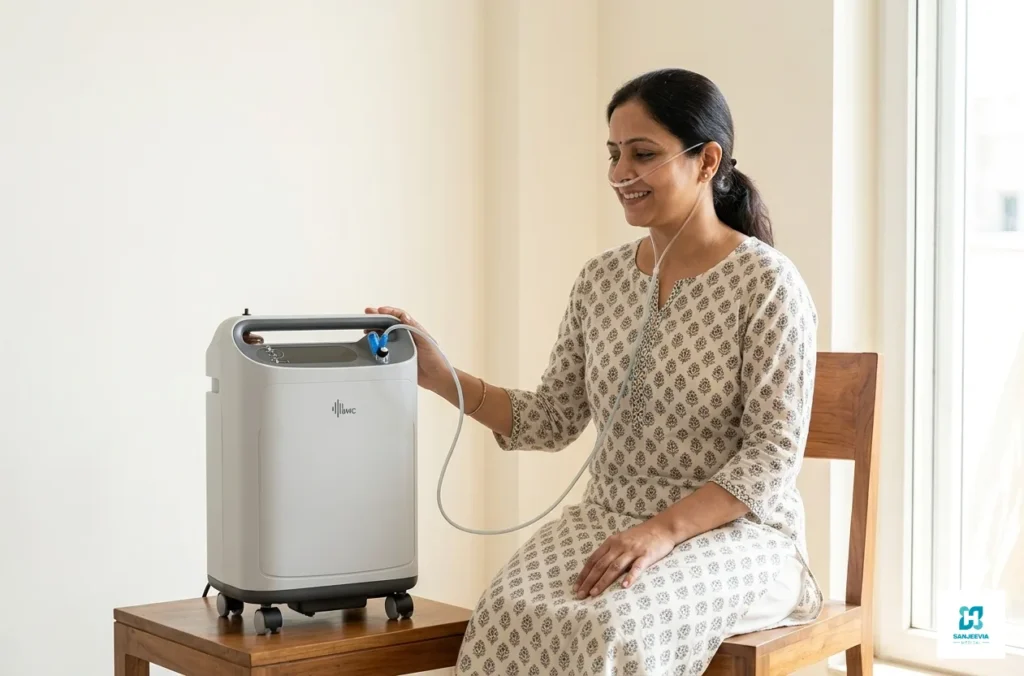 Rear view of a premium 5L oxygen concentrator with integrated air filtration system
