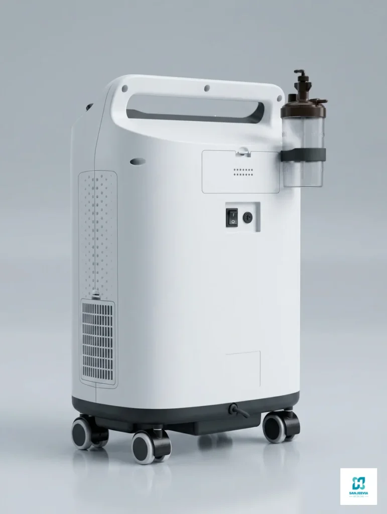 Rear view of a premium 5L oxygen concentrator with integrated air filtration system