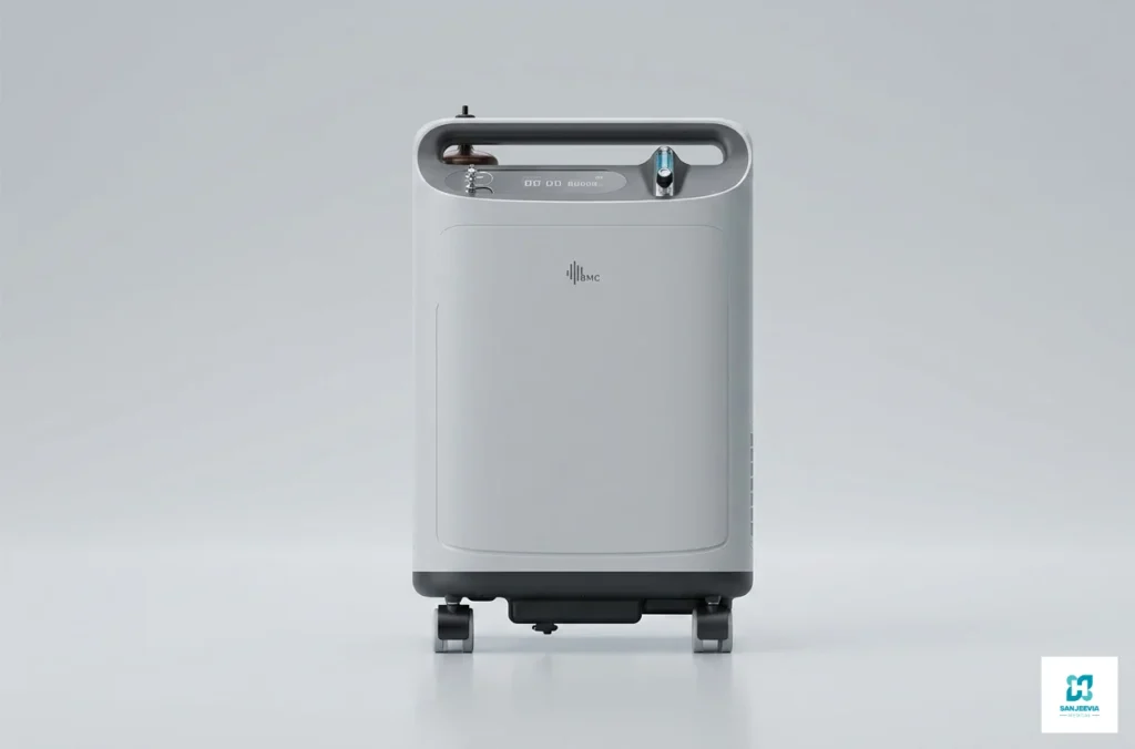 Home oxygen concentrator placed beside a recovering patient for continuous respiratory support