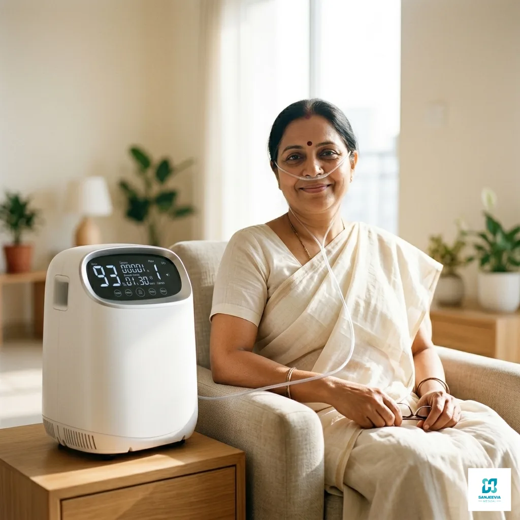 Woman receiving home oxygen therapy with a quiet 5L oxygen concentrator