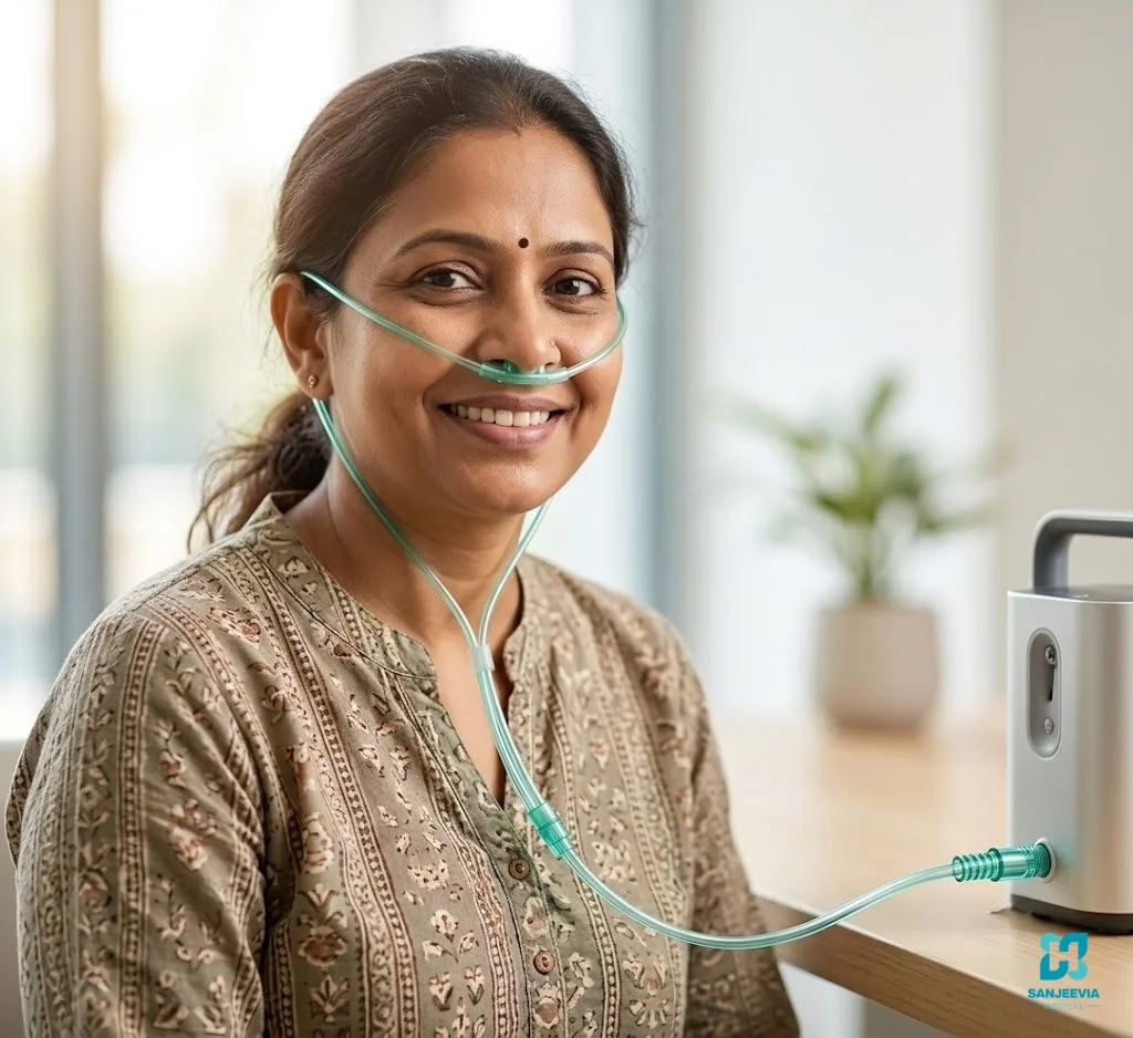 Medical Oxygen Cylinder Kit, Patient using oxygen therapy equipment for respiratory support and recovery at home