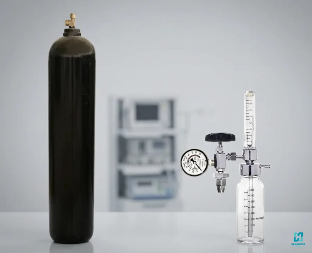 47L medical oxygen cylinder with oxygen regulator, flowmeter, and humidifier bottle