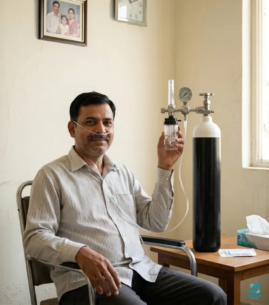 Emergency 10L Oxygen Cylinder Patient using a 10L medical oxygen cylinder for respiratory support at home