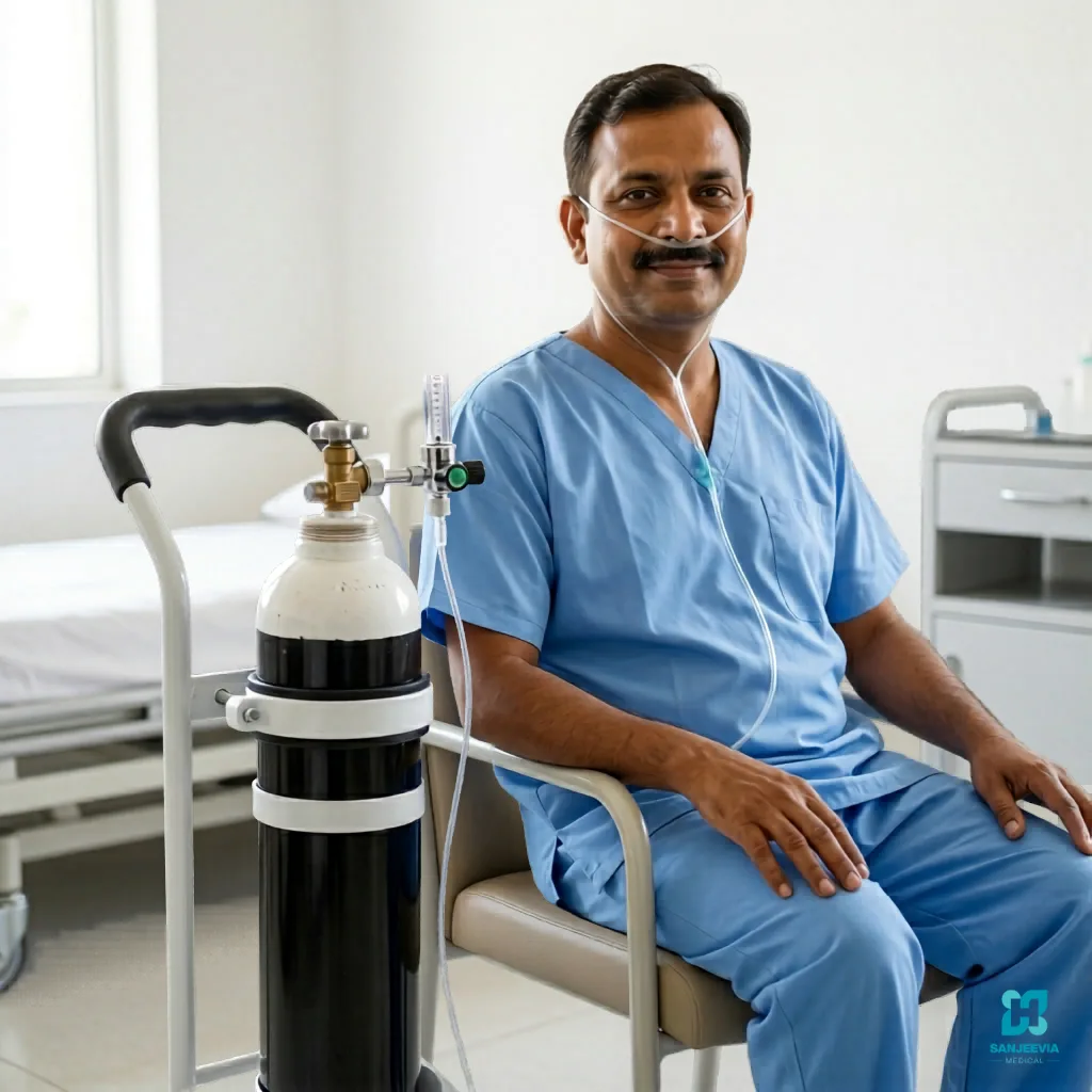 Healthcare professional with a 47L medical oxygen cylinder for hospital and home patient care