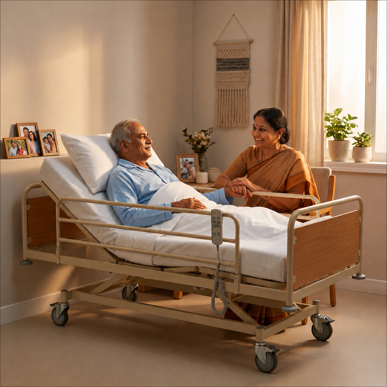 Elderly patient resting on an adjustable hospital bed at home with a caregiver by Sanjeevia.