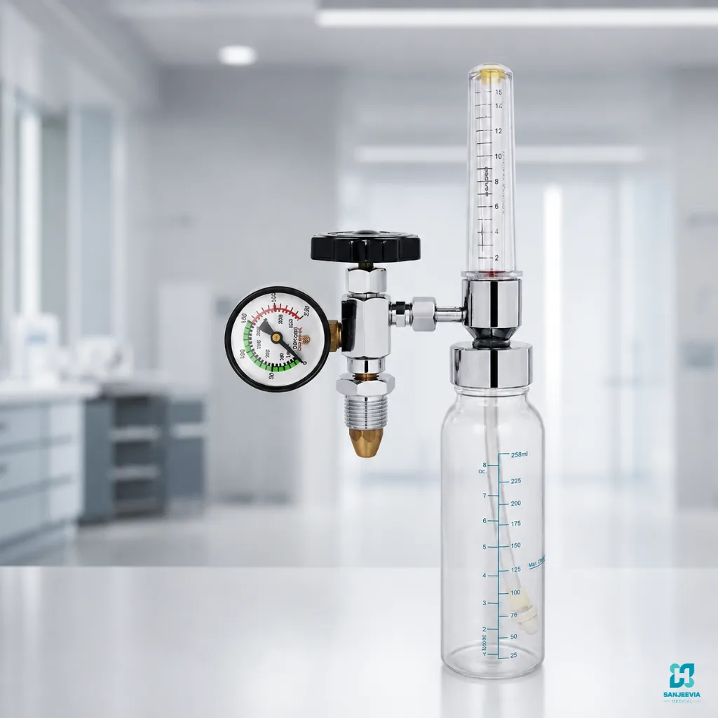 Medical Oxygen Cylinder Kit, Oxygen regulator with flowmeter and humidifier bottle for controlled oxygen therapy and home respiratory support
