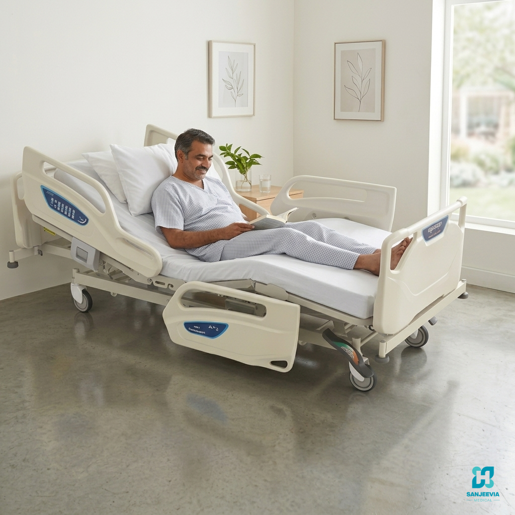 Paramount A5 Bed on Rent, Premium electric hospital bed for elderly care, post-surgery recovery, and high-dependency patients