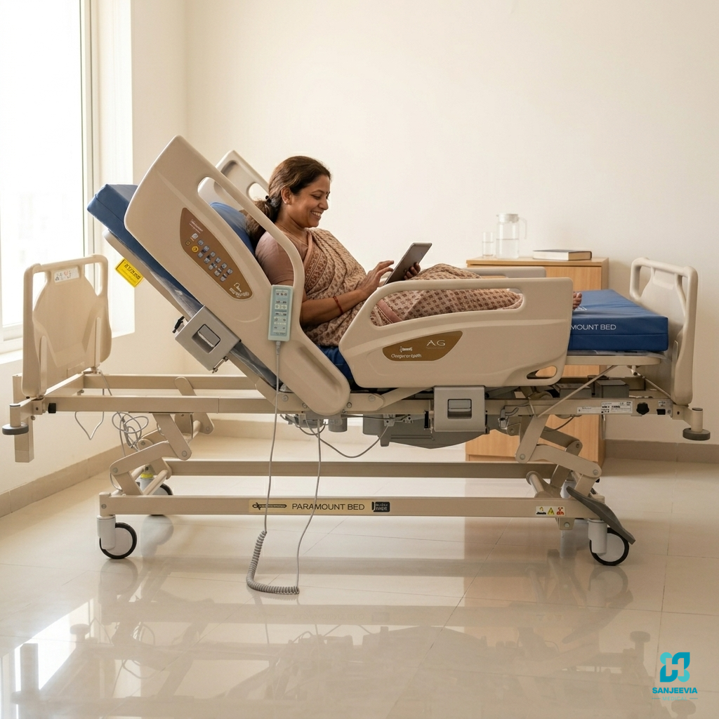 Paramount A5 Bed on Rent, Patient using a Paramount A5 Bed during home recovery and long-term rehabilitation care