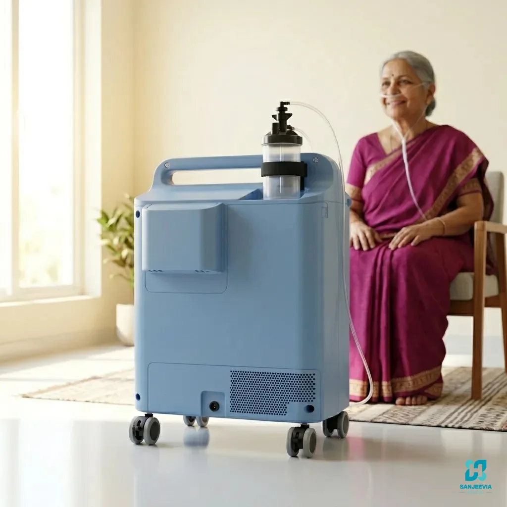 Elderly Woman Using Portable Oxygen Concentrator at Home overnight oxygen therapy home India, oxygen concentrator night safety India, power cut oxygen concentrator India, oxygen alarm home India, SpO2 monitoring sleep India, COPD overnight oxygen India Is it safe to use an oxygen concentrator through the night at home? This guide covers overnight oxygen safety, power cut risks, alarm setup, and SpO2 monitoring in Delhi NCR.