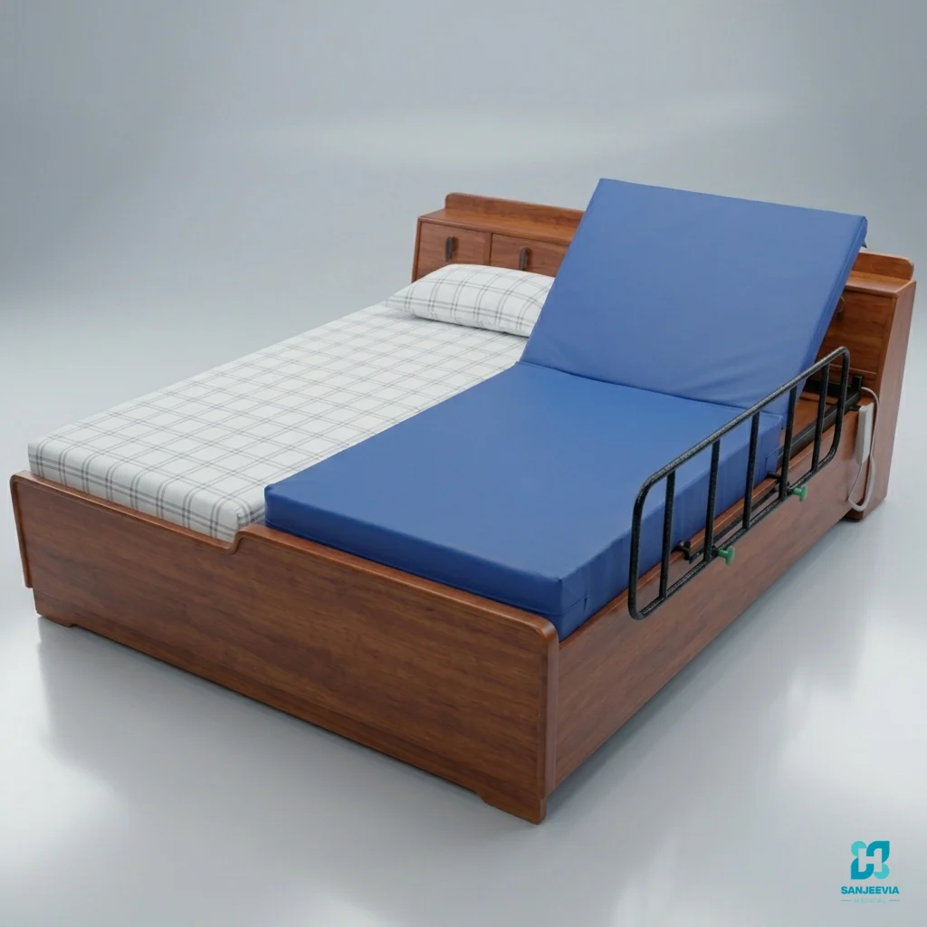 Recliner Bed with Side Rails Rental Delhi NCR Recliner Bed with Side Rails and mattress for long-term patient care and home healthcare