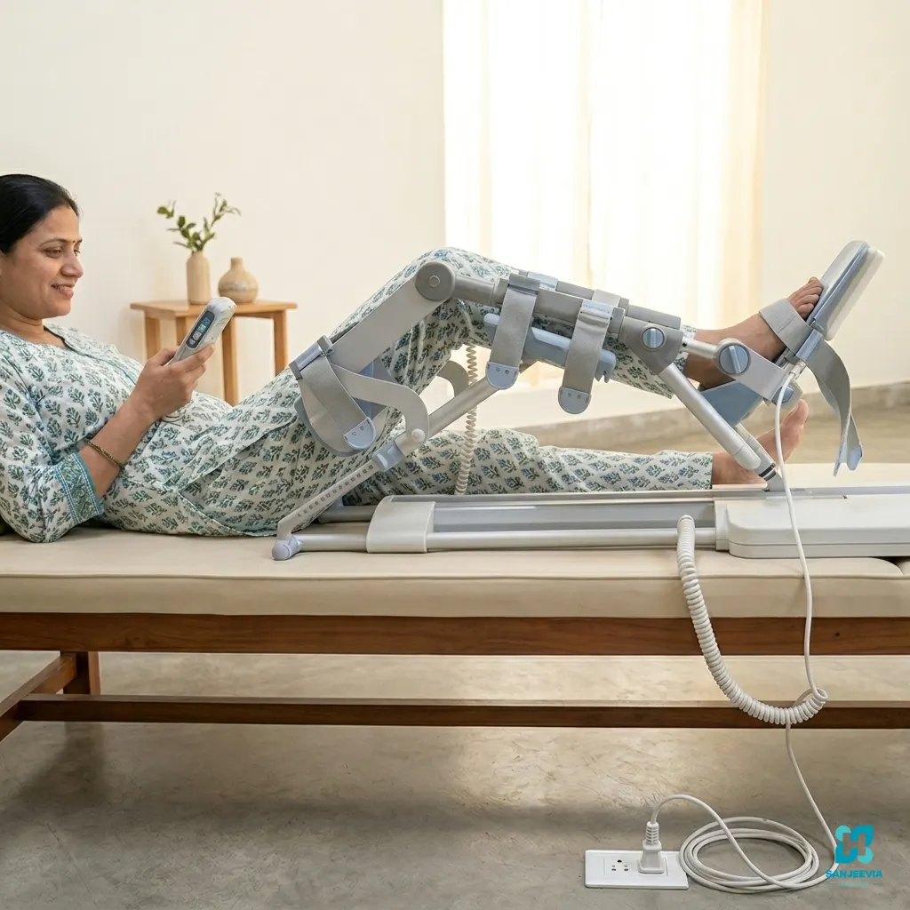 CPM Machine, patient using it for Continuous Passive Motion machine for improving knee mobility during home physiotherapy