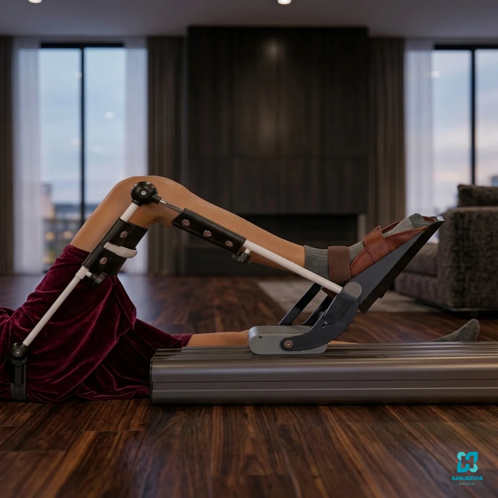 CPM Machine, patient using it on their leg, CPM machine with adjustable leg support for post-surgery knee recovery