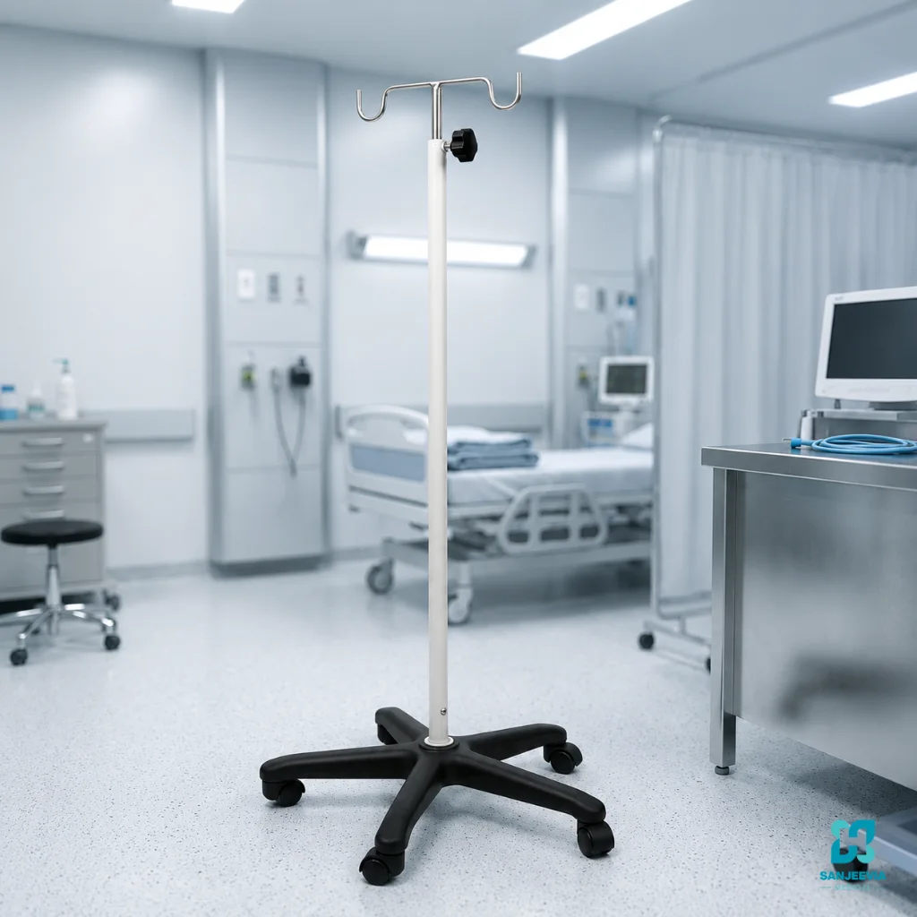 Hospital-grade IV stand with sturdy five-wheel base for IV therapy and saline infusion