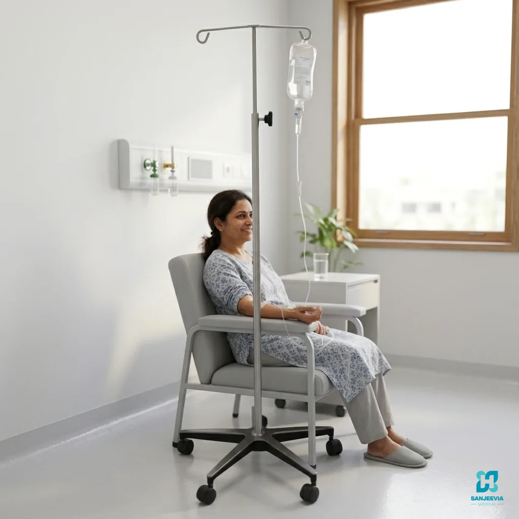 Patient receiving IV therapy using an adjustable IV stand during home nursing care