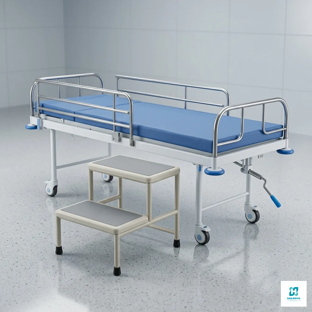 Adjustable patient bed with MS rails available for rent and sale in Delhi NCR