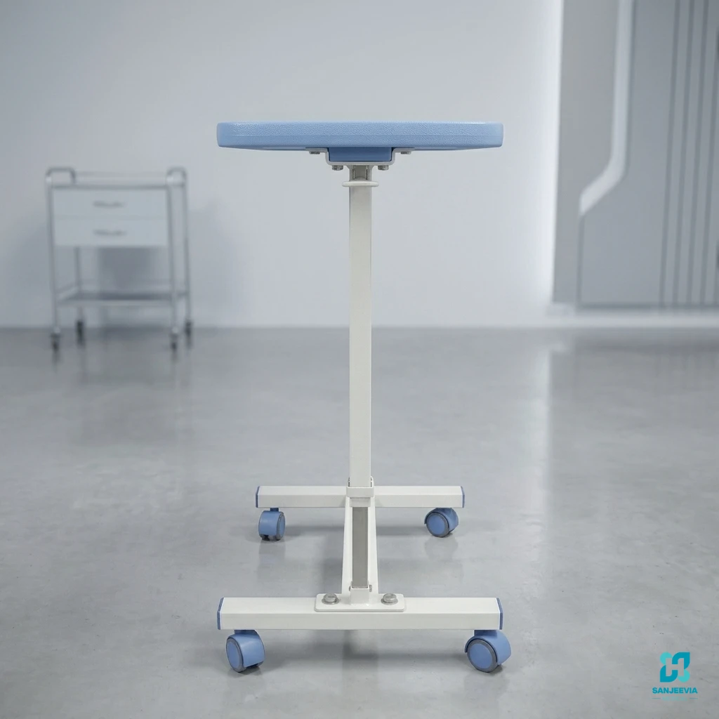Hospital over bed table with adjustable height and wheels