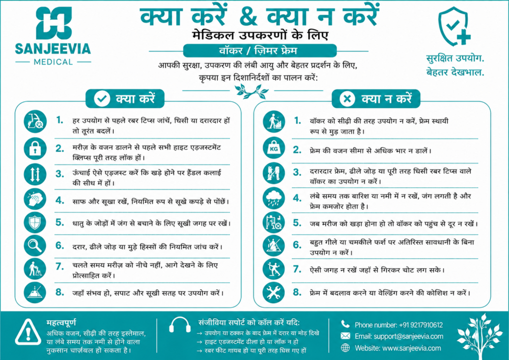 Hindi guide showing do’s and don’ts for safe use of a CPM machine during knee replacement recovery and rehabilitation