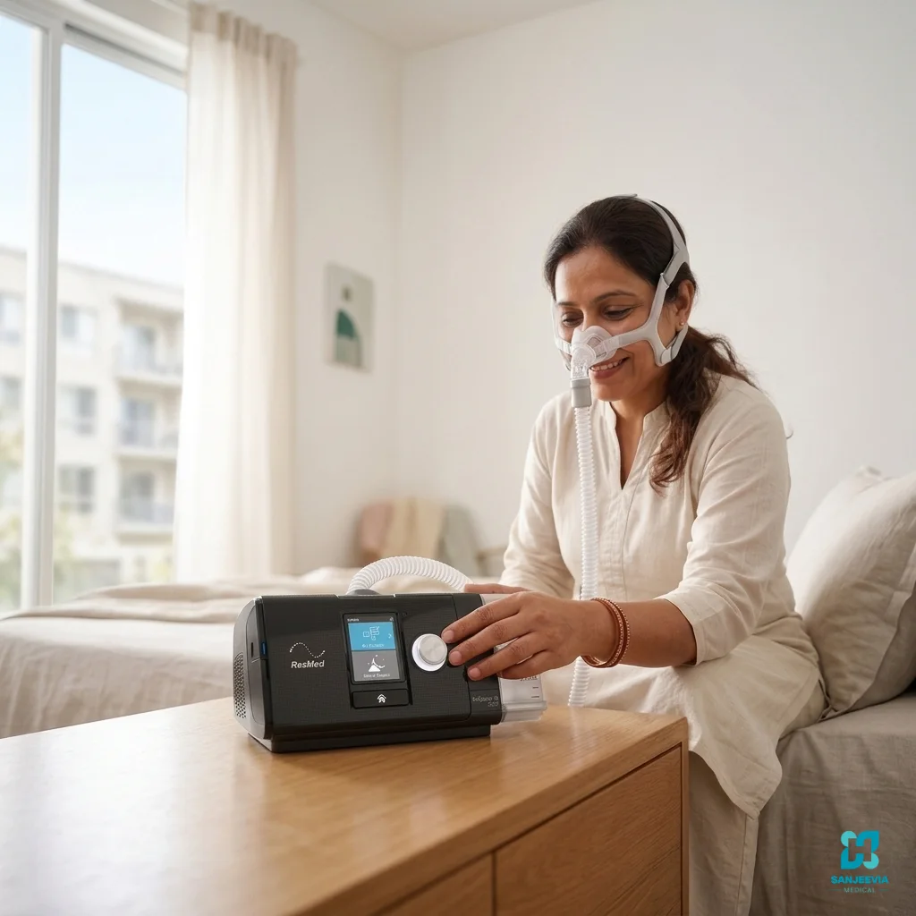 Woman using a CPAP Machine for sleep apnea treatment at home