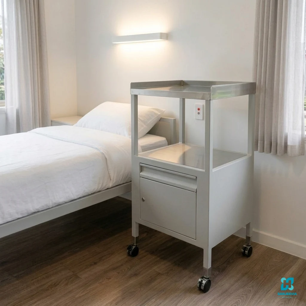 Bedside Locker (Indian Brand), Hospital bedside locker placed next to a patient bed for convenient storage of medicines and daily essentials